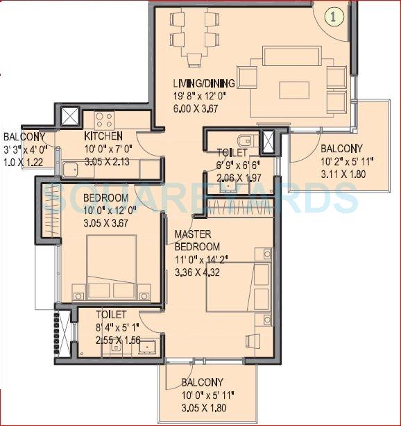 Floor plan of 2 BHK 1132 Sq. Ft. Apartment in Ireo Uptown, Gurgaon