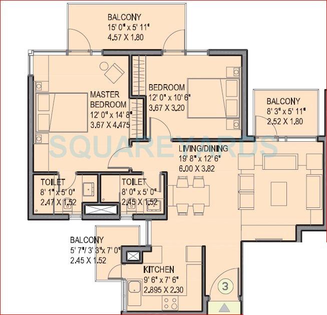 Floor plan of 2 BHK 1225 Sq. Ft. Apartment in Ireo Uptown, Gurgaon
