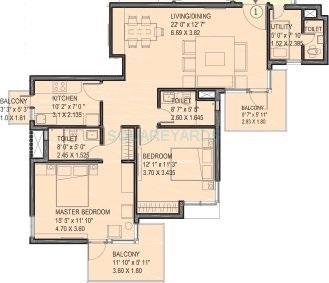 Floor plan of 2 BHK 1456 Sq. Ft. Apartment in Ireo Uptown, Gurgaon