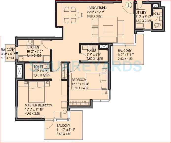 Floor plan of 2 BHK 1421 Sq. Ft. Apartment in Ireo Uptown, Gurgaon