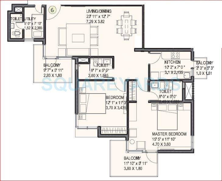 Floor plan of 2 BHK 1430 Sq. Ft. Apartment in Ireo Uptown, Gurgaon