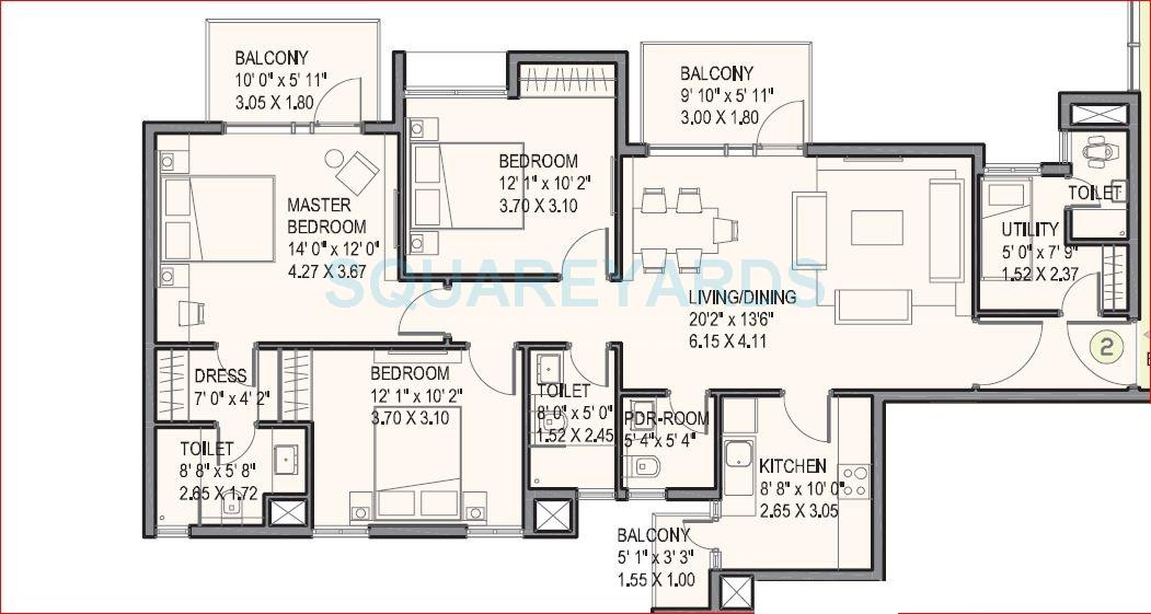 Floor plan of 3 BHK 1670 Sq. Ft. Apartment in Ireo Uptown, Gurgaon