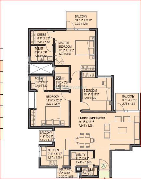 Floor plan of 3 BHK 1815 Sq. Ft. Apartment in Ireo Uptown, Gurgaon