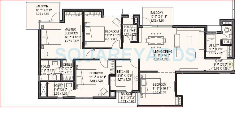 Floor plan of 4 BHK 2012 Sq. Ft. Apartment in Ireo Uptown, Gurgaon