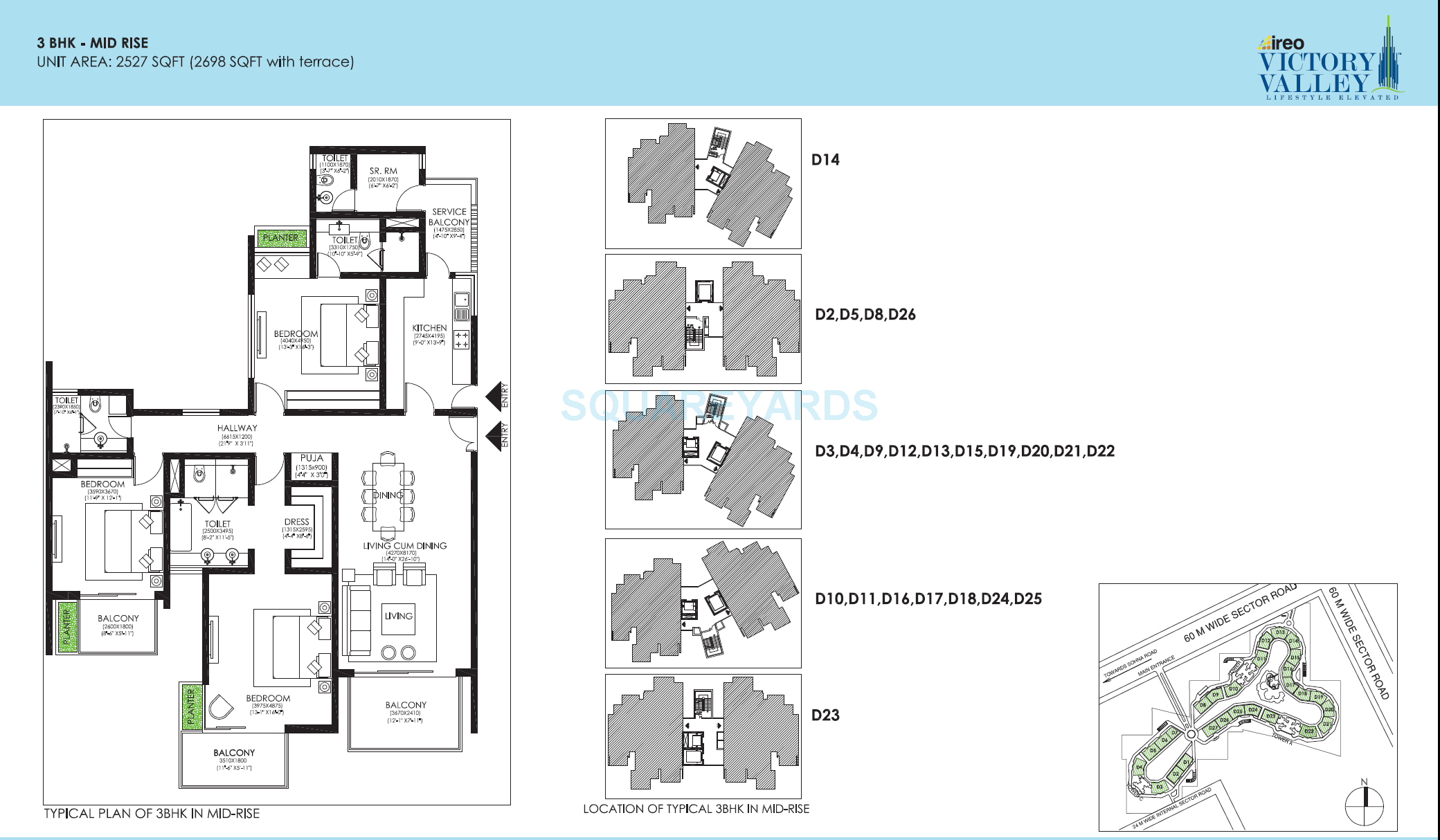 Floor plan of 3 BHK 2527 Sq. Ft. Apartment in Ireo Victory Valley, Gurgaon