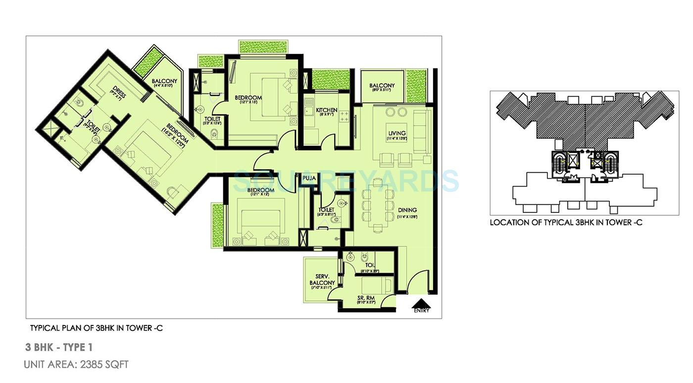 Floor plan of 3 BHK 2385 Sq. Ft. Apartment in Ireo Victory Valley, Gurgaon