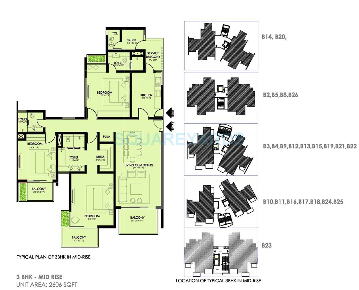 Floor plan of 3 BHK 2606 Sq. Ft. Apartment in Ireo Victory Valley, Gurgaon