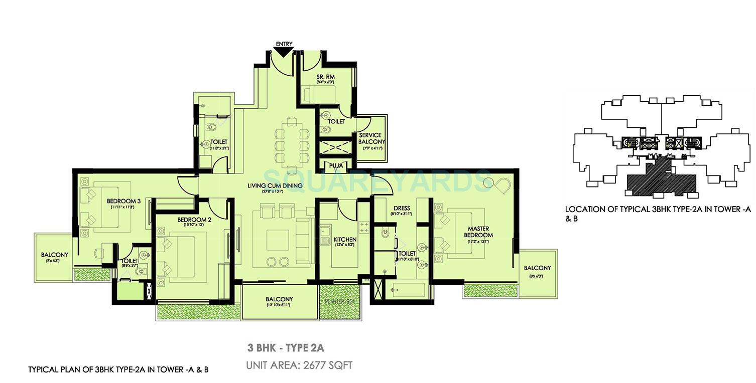 Floor plan of 3 BHK 2677 Sq. Ft. Apartment in Ireo Victory Valley, Gurgaon