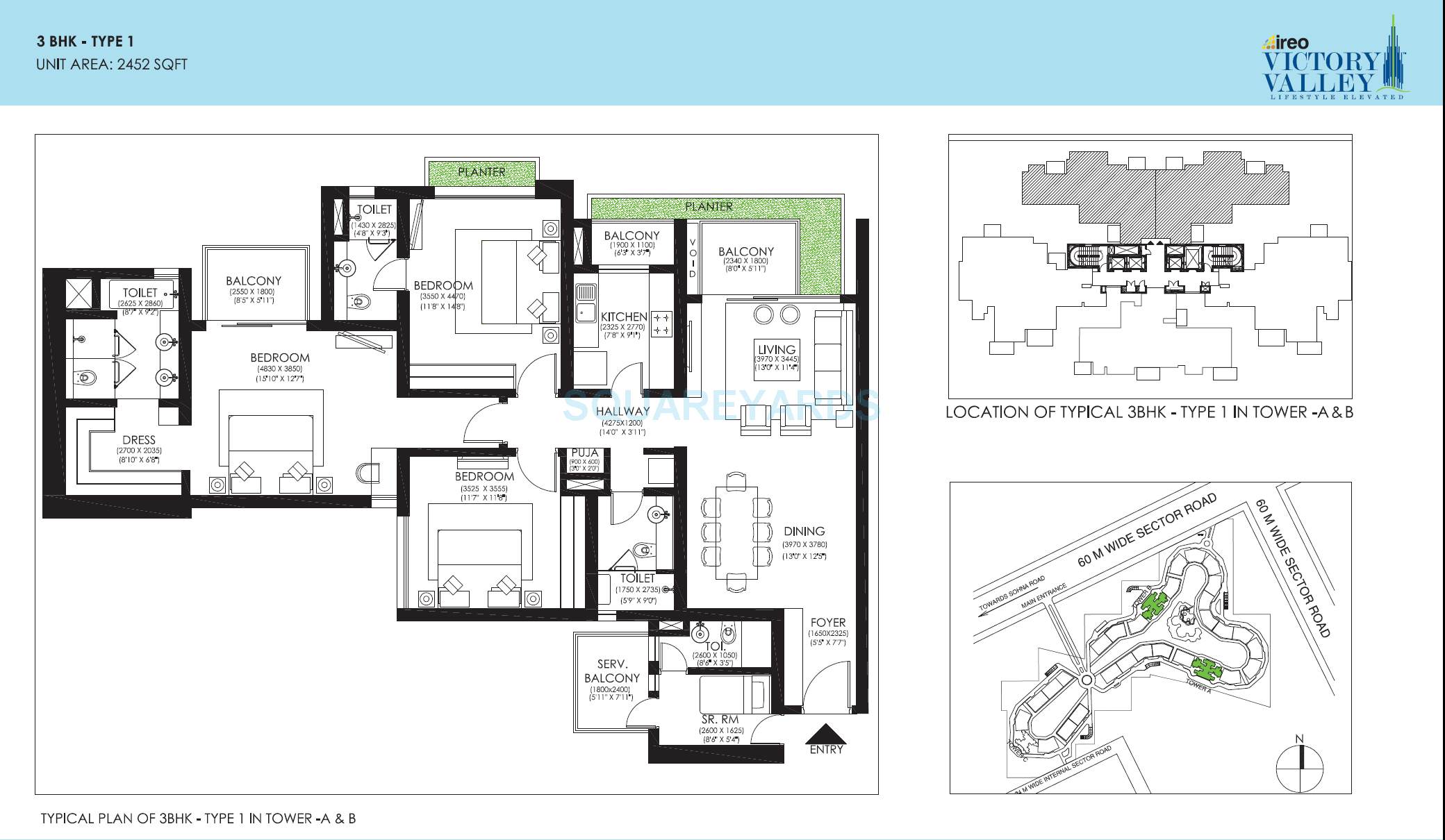 Floor plan of 3 BHK 2452 Sq. Ft. Apartment in Ireo Victory Valley, Gurgaon