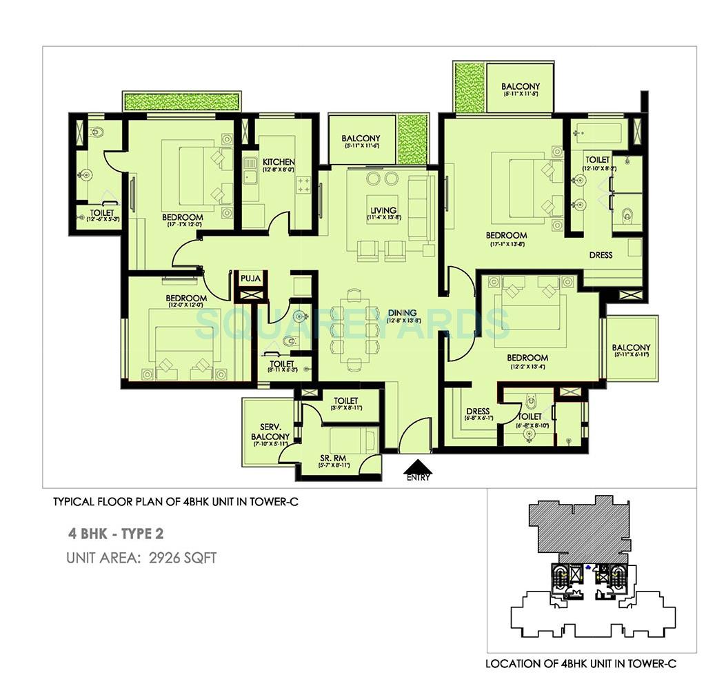 Floor plan of 4 BHK 2926 Sq. Ft. Apartment in Ireo Victory Valley, Gurgaon