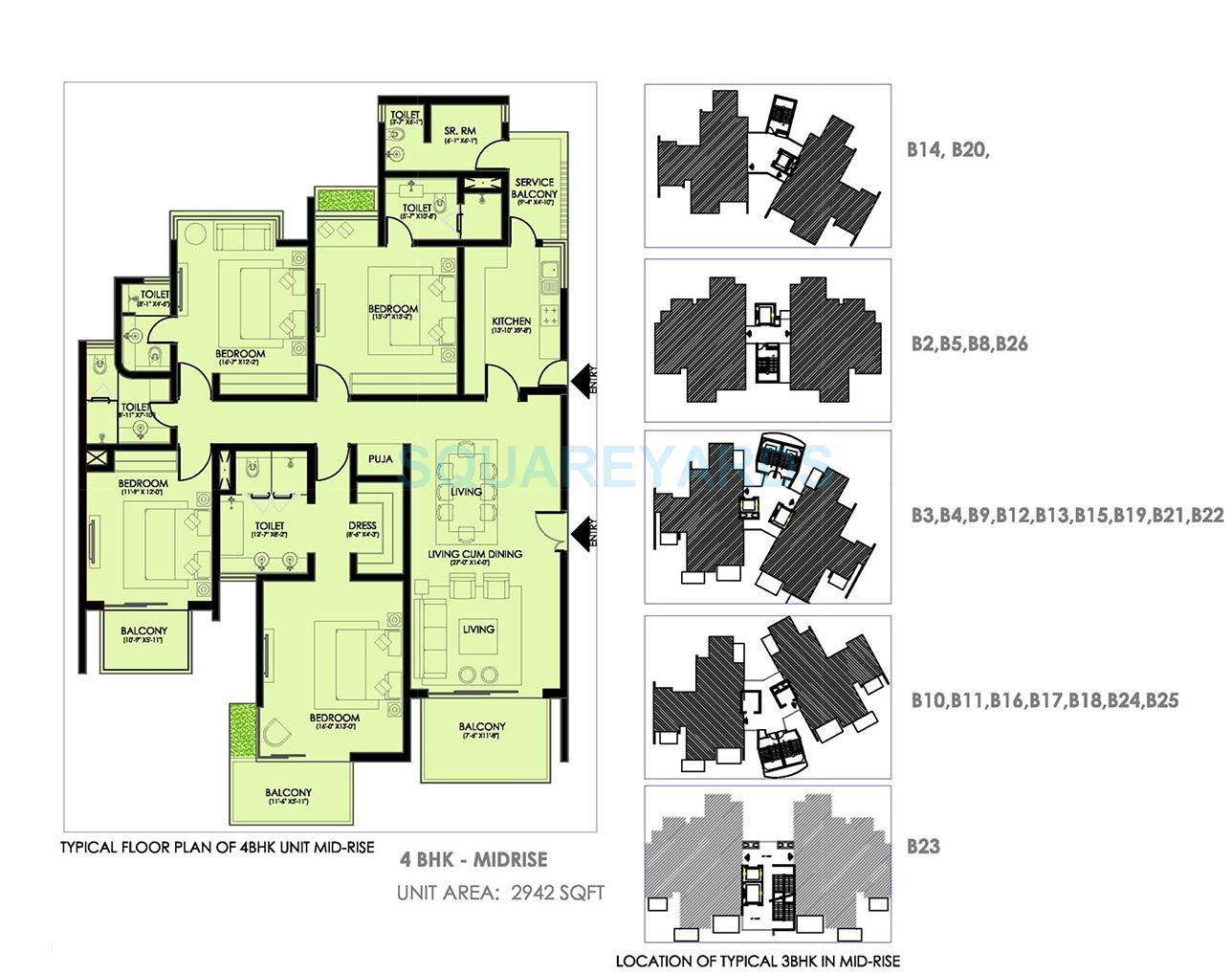 Floor plan of 4 BHK 2942 Sq. Ft. Apartment in Ireo Victory Valley, Gurgaon