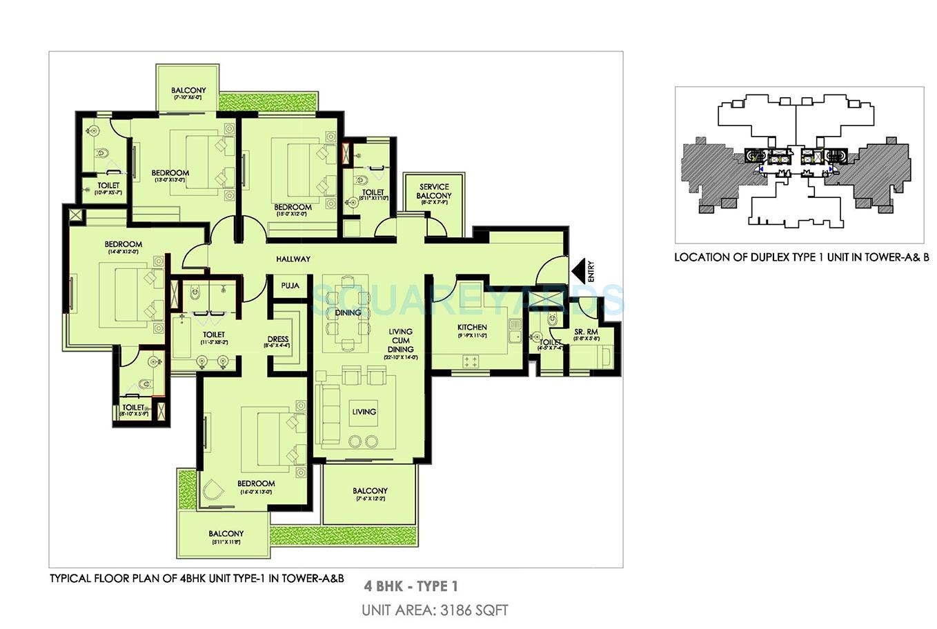 Floor plan of 4 BHK 3186 Sq. Ft. Apartment in Ireo Victory Valley, Gurgaon
