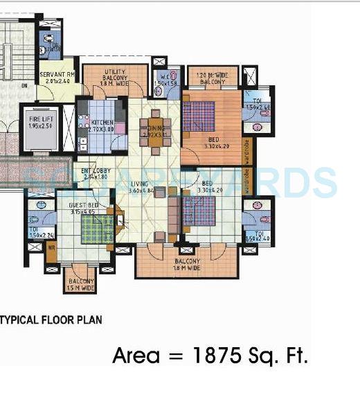 Floor plan of 3 BHK 1875 Sq. Ft. Apartment in JMD Gardens, Gurgaon