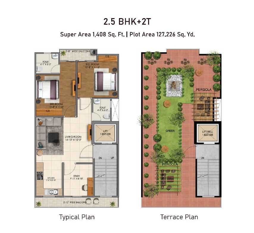 Floor plan of 2 BHK 1408 Sq. Ft. Ind Floor in JMS Premier Floors, Gurgaon