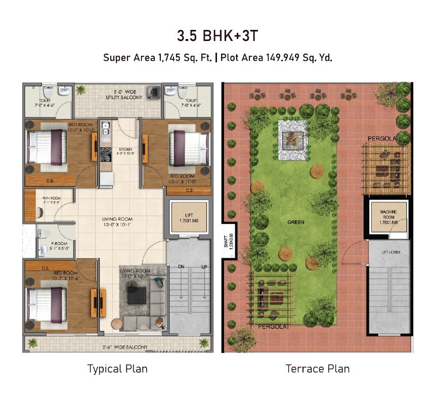 Floor plan of 3 BHK 1745 Sq. Ft. Ind Floor in JMS Premier Floors, Gurgaon