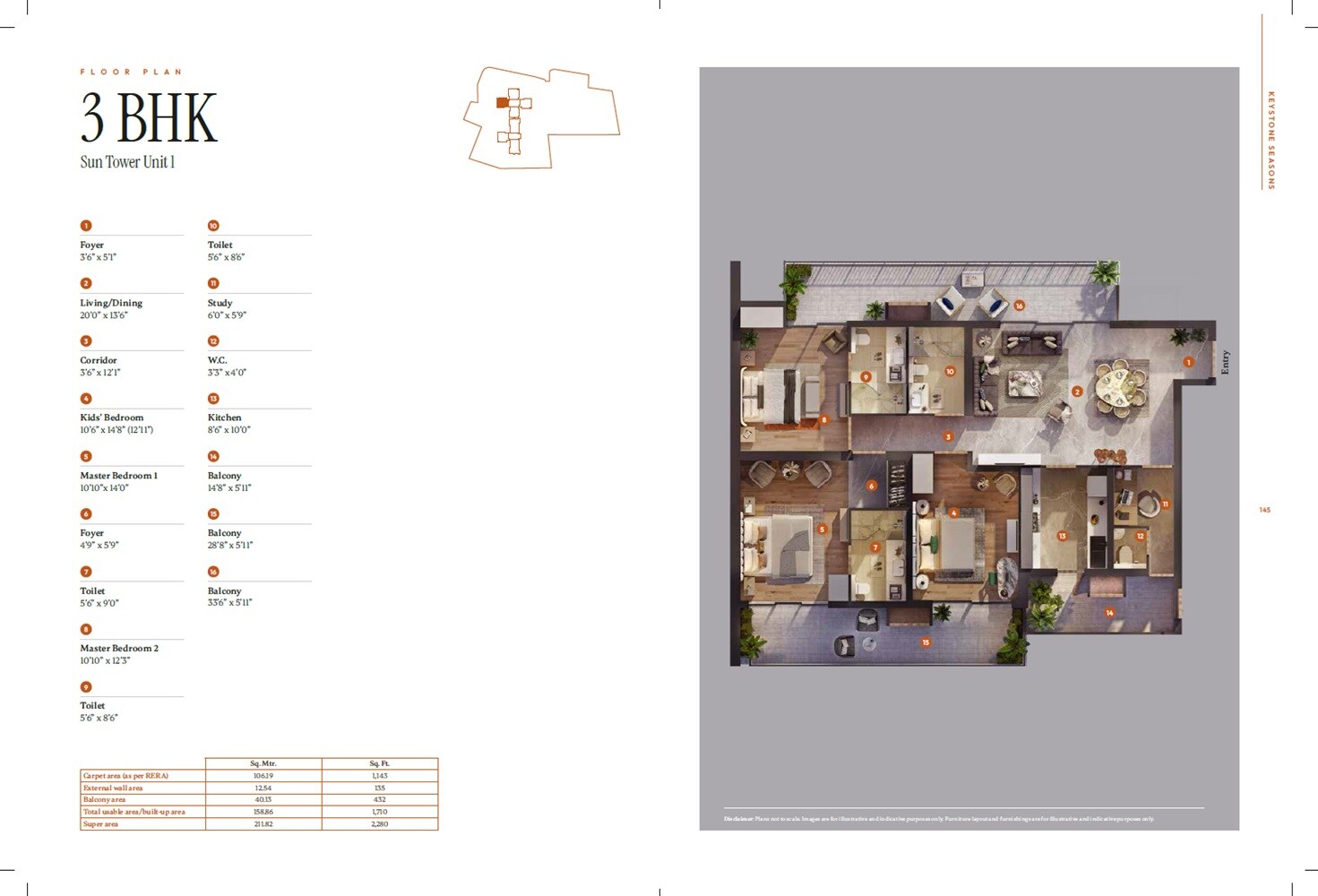 Floor plan of 3 BHK 2280 Sq. Ft. Apartment in Keystone Seasons, Gurgaon