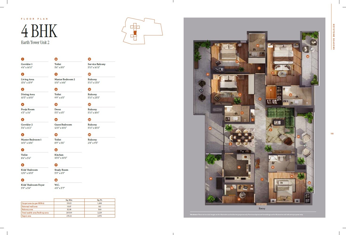 Floor plan of 4 BHK 2972 Sq. Ft. Apartment in Keystone Seasons, Gurgaon