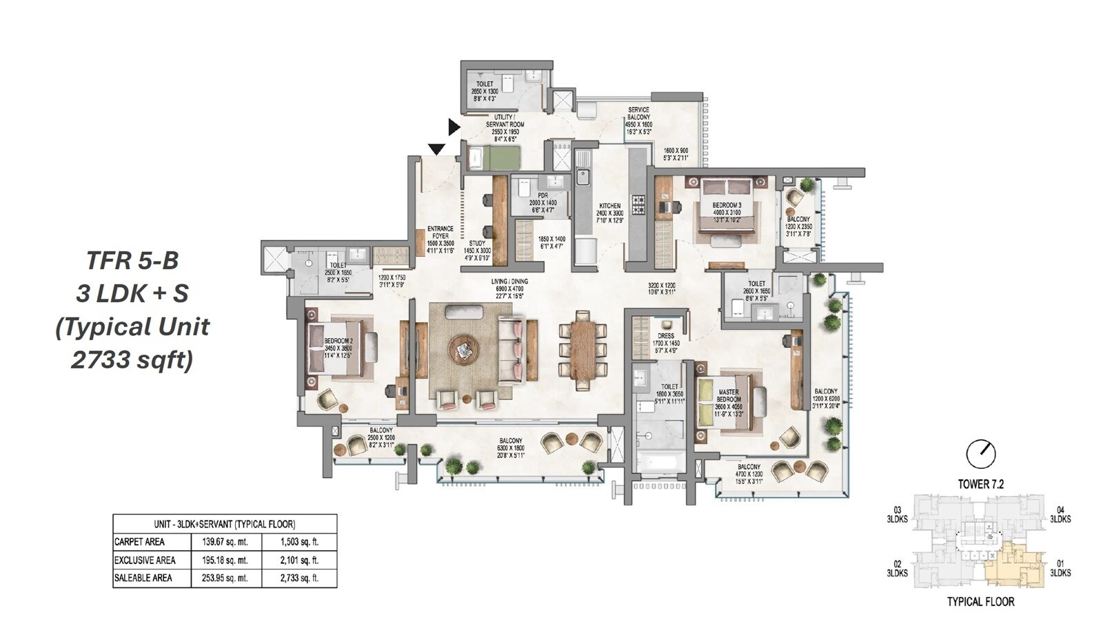 Floor plan of 3 BHK 2733 Sq. Ft. Apartment in Krisumi Waterside Residences The Forest Reserve, Gurgaon