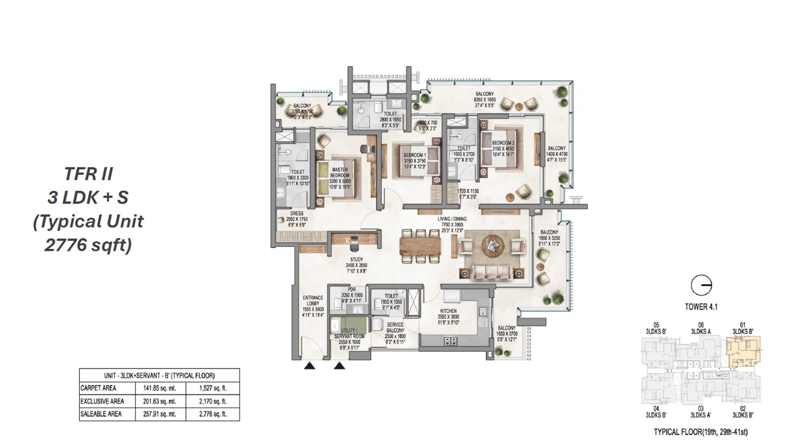Floor plan of 3 BHK 2776 Sq. Ft. Apartment in Krisumi Waterside Residences The Forest Reserve, Gurgaon