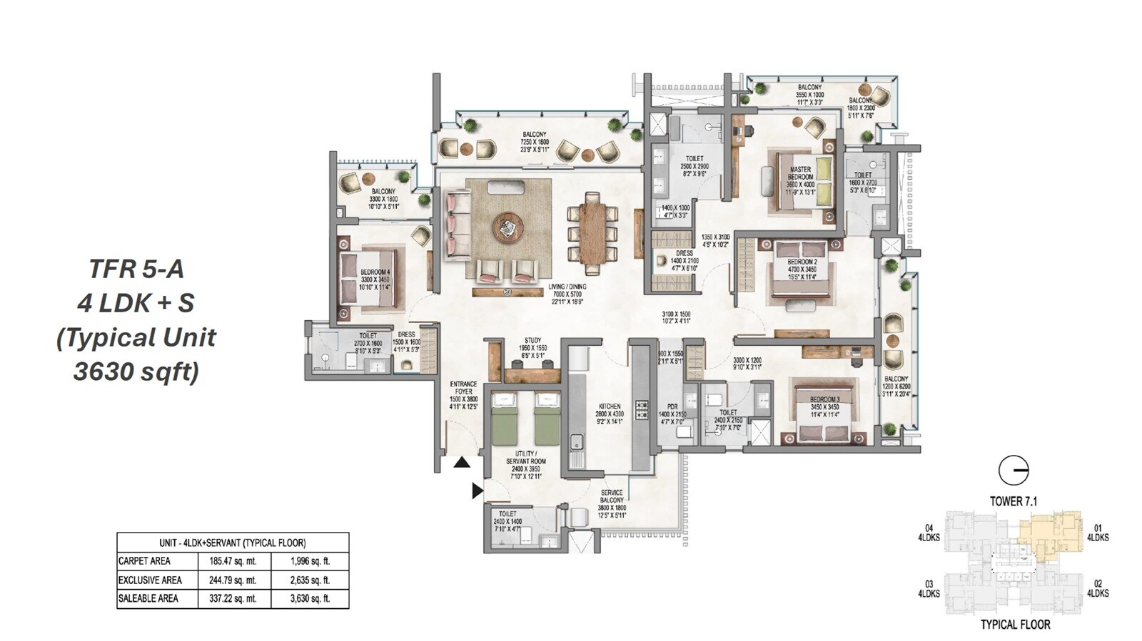 Floor plan of 4 BHK 3630 Sq. Ft. Apartment in Krisumi Waterside Residences The Forest Reserve, Gurgaon