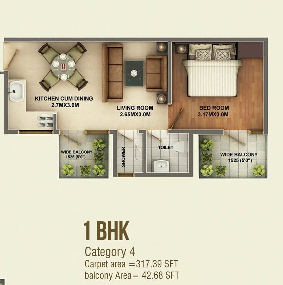 Floor plan of 1 BHK 360 Sq. Ft. Apartment in Kshitij Ramsons, Gurgaon