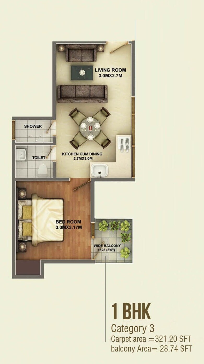 Floor plan of 1 BHK 350 Sq. Ft. Apartment in Kshitij Ramsons, Gurgaon