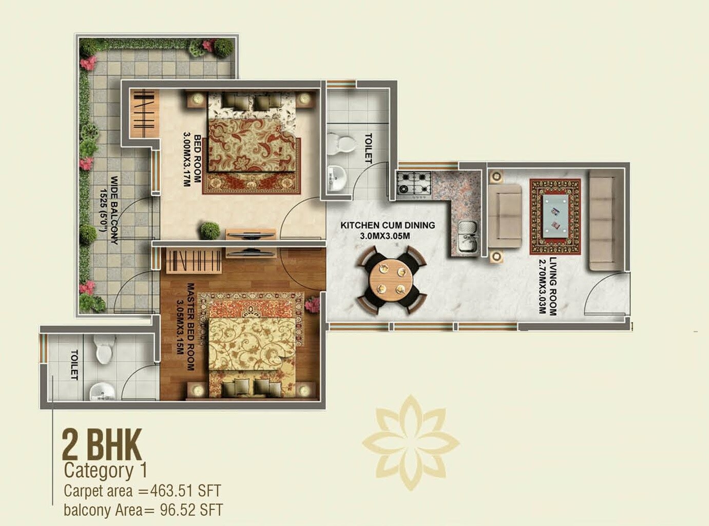 Floor plan of 2 BHK 560 Sq. Ft. Apartment in Kshitij Ramsons, Gurgaon