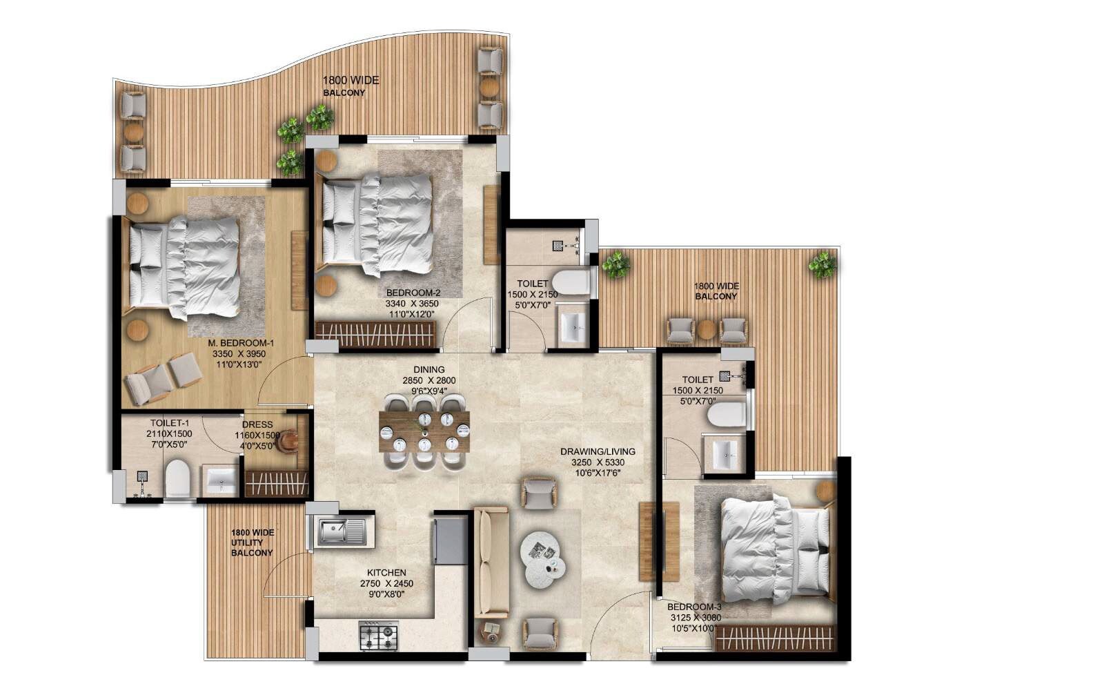 Floor plan of 3 BHK 1635 Sq. Ft. Apartment in Lamose Gratitude 84, Gurgaon
