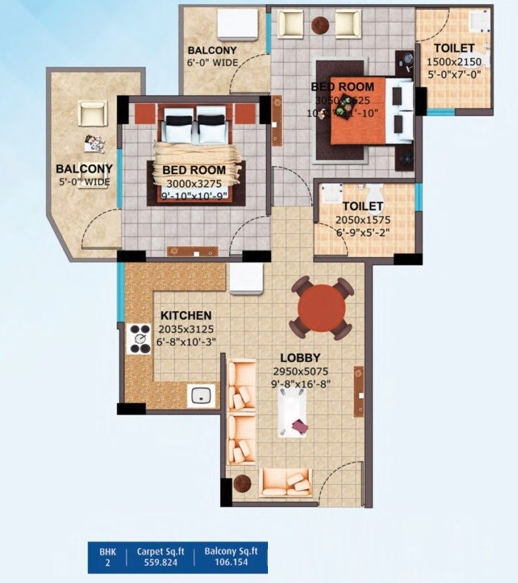 Floor plan of 2 BHK 665 Sq. Ft. Apartment in Landmark The Homes 81, Gurgaon