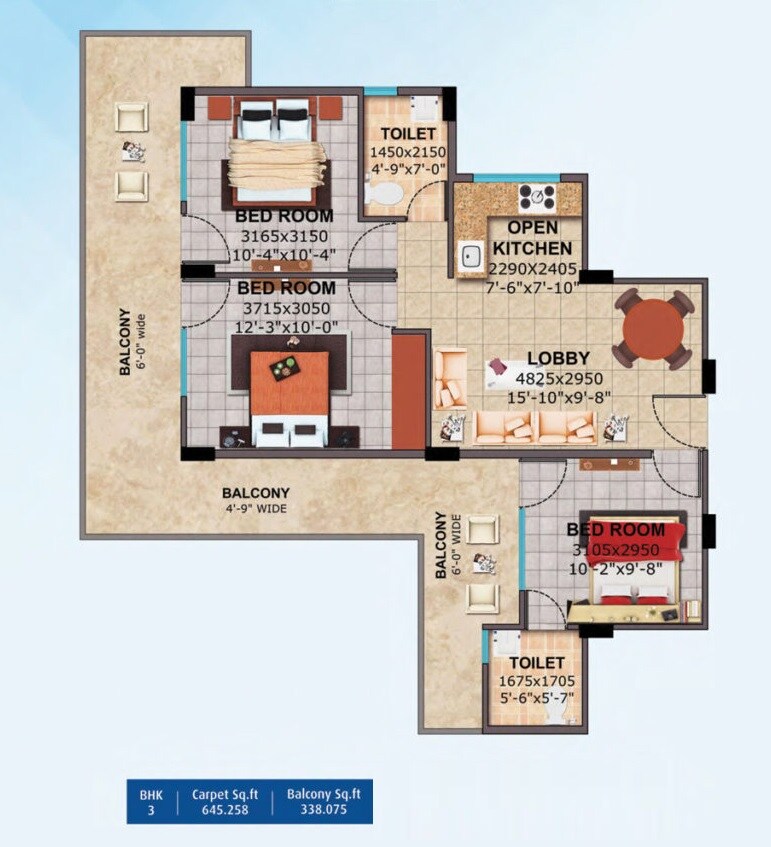 Floor plan of 3 BHK 797 Sq. Ft. Apartment in Landmark The Homes 81, Gurgaon