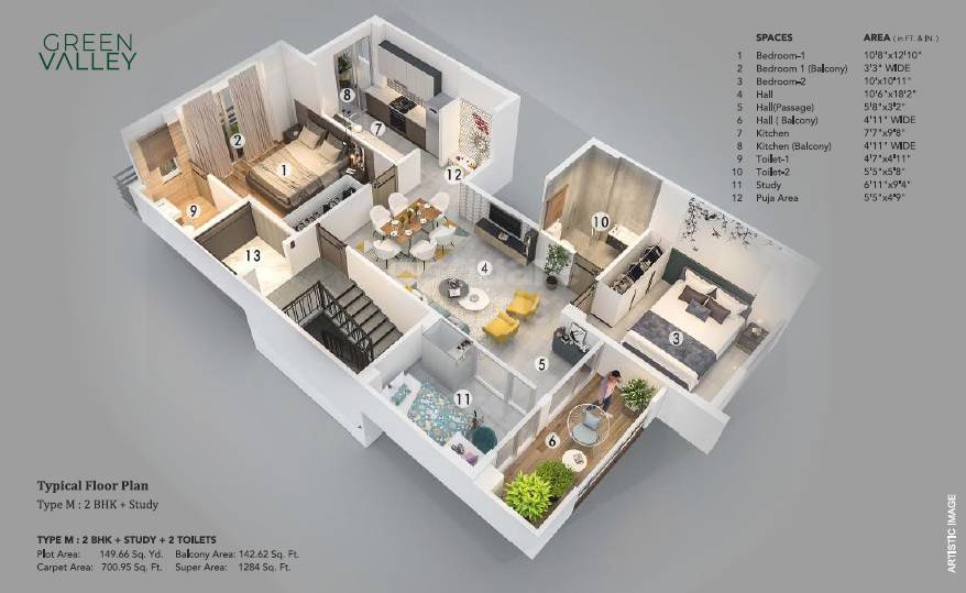 Floor plan of 2 BHK 1284 Sq. Ft. Ind Floor in Lion Green Valley, Gurgaon