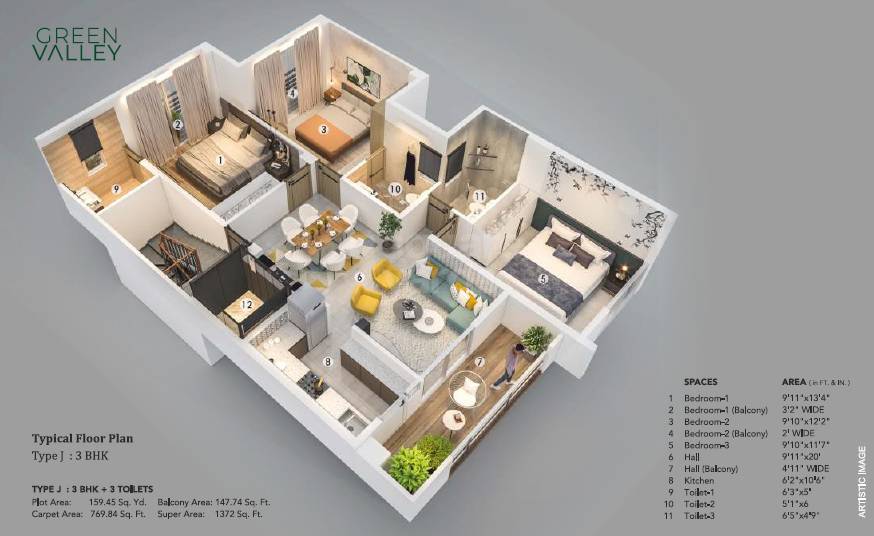 Floor plan of 3 BHK 1372 Sq. Ft. Ind Floor in Lion Green Valley, Gurgaon