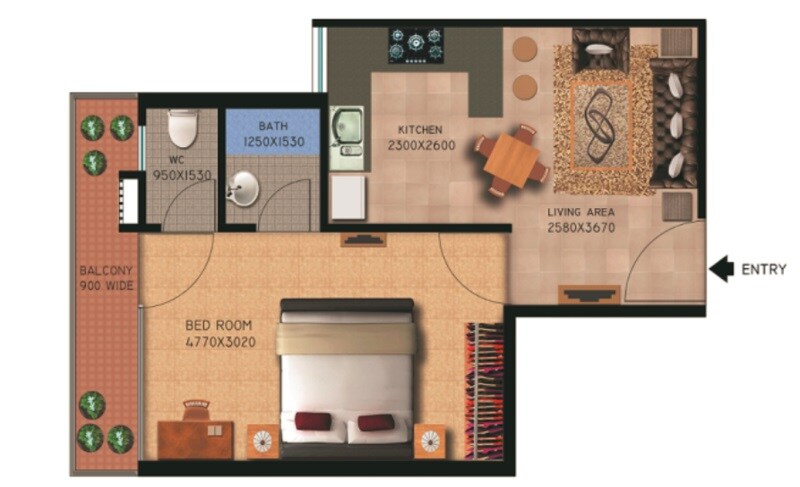Floor plan of 1 BHK 418 Sq. Ft. Apartment in Lotus Affordable Housing, Gurgaon