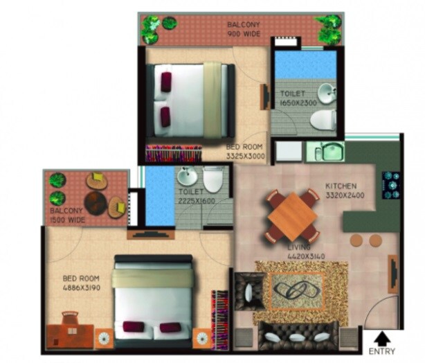 Floor plan of 2 BHK 605 Sq. Ft. Apartment in Lotus Affordable Housing, Gurgaon