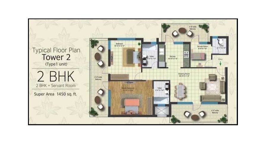 Floor plan of 2 BHK 1450 Sq. Ft. Apartment in Lotus Elise, Gurgaon