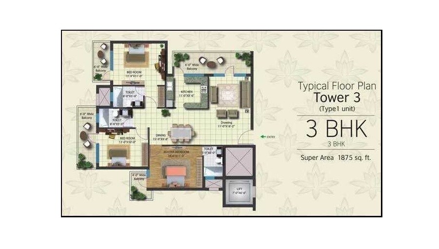 Floor plan of 3 BHK 1875 Sq. Ft. Apartment in Lotus Elise, Gurgaon