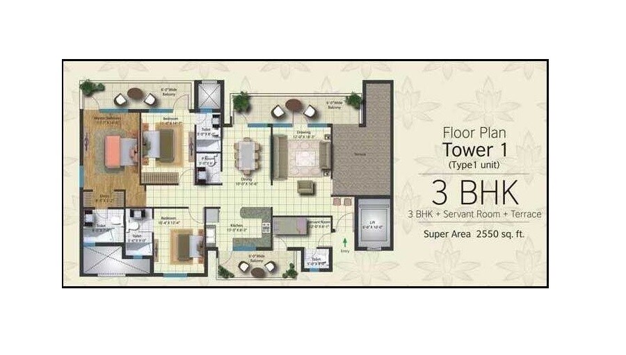 Floor plan of 3 BHK 2550 Sq. Ft. Apartment in Lotus Elise, Gurgaon