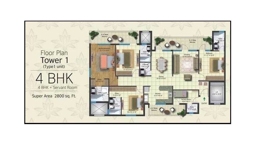 Floor plan of 4 BHK 2800 Sq. Ft. Apartment in Lotus Elise, Gurgaon