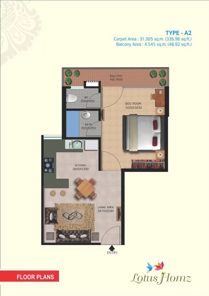 Floor plan of 1 BHK 385 Sq. Ft. Apartment in Lotus Homz, Gurgaon