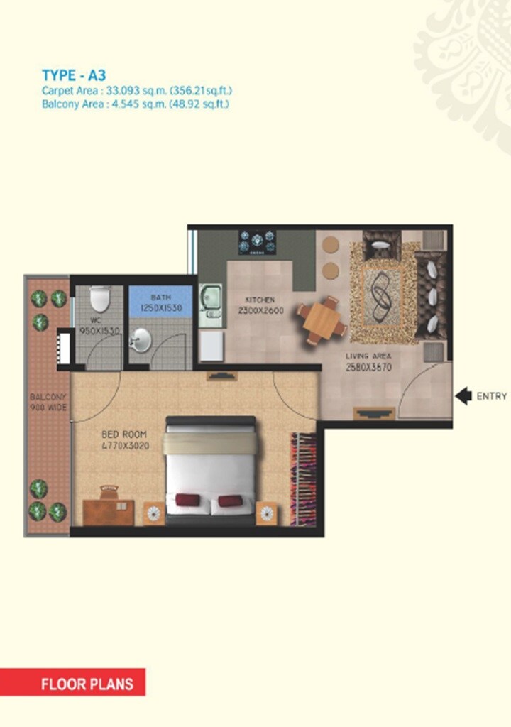 Floor plan of 1 BHK 405 Sq. Ft. Apartment in Lotus Homz, Gurgaon