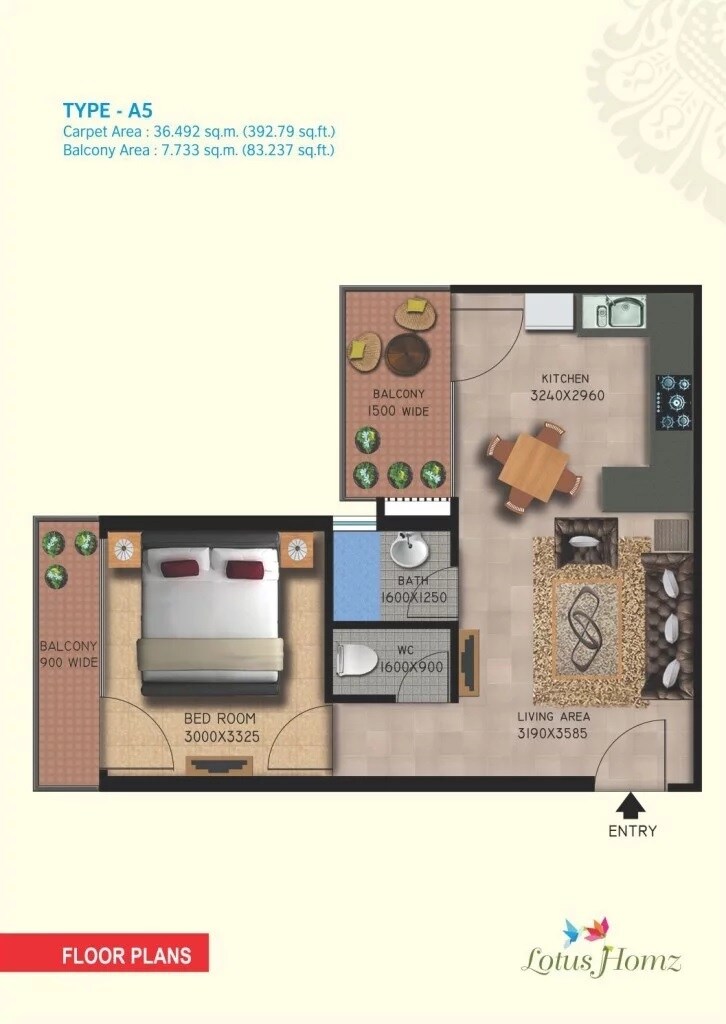 Floor plan of 1 BHK 476 Sq. Ft. Apartment in Lotus Homz, Gurgaon