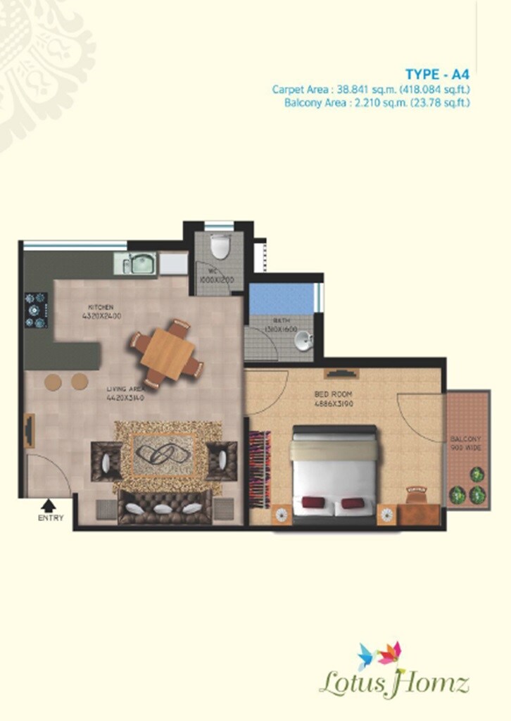 Floor plan of 1 BHK 442 Sq. Ft. Apartment in Lotus Homz, Gurgaon
