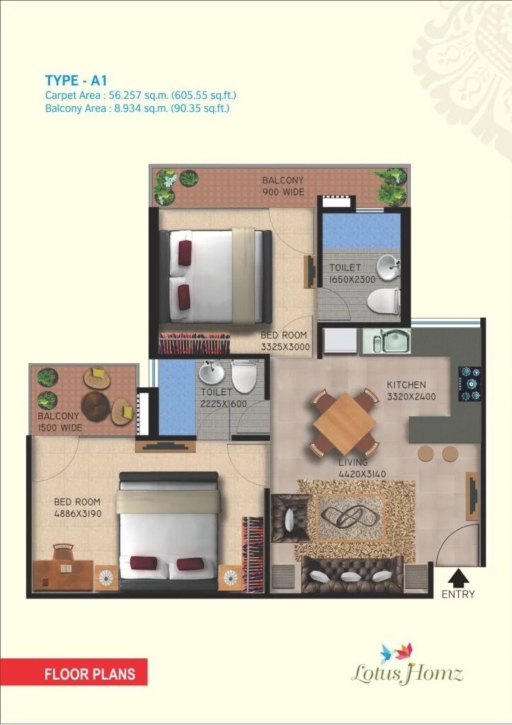 Floor plan of 2 BHK 696 Sq. Ft. Apartment in Lotus Homz, Gurgaon