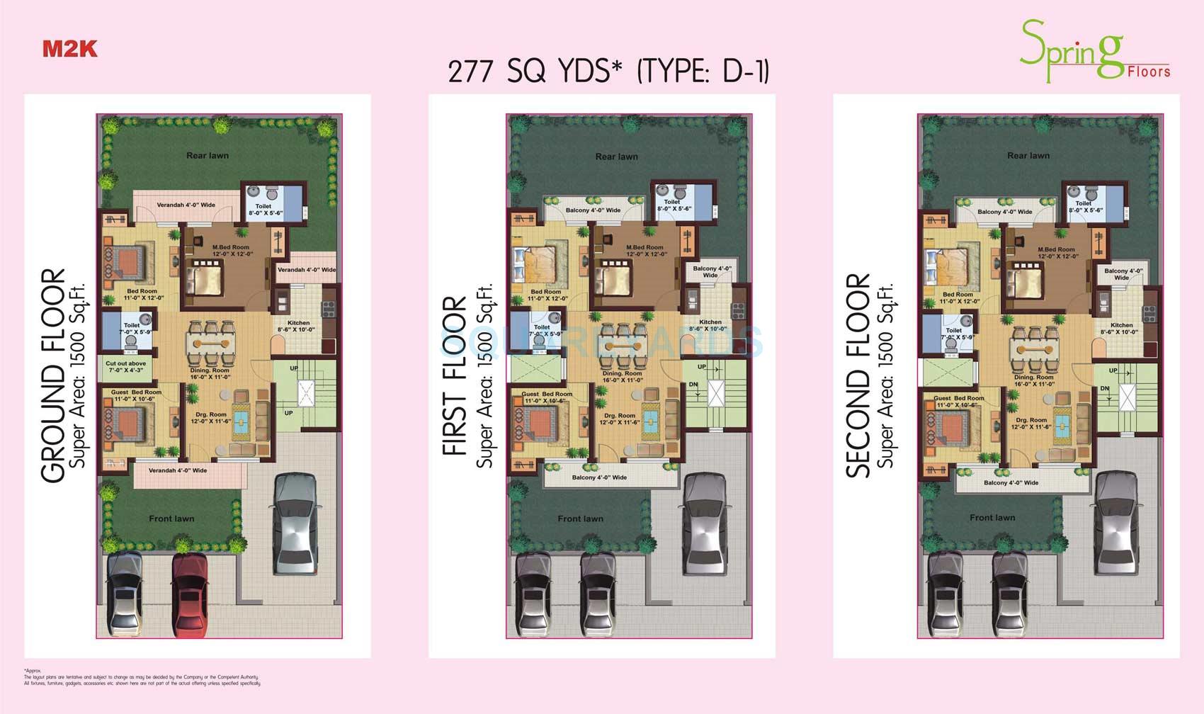 Floor plan of 3 BHK 1500 Sq. Ft. Ind Floor in M2K Spring Floors, Gurgaon