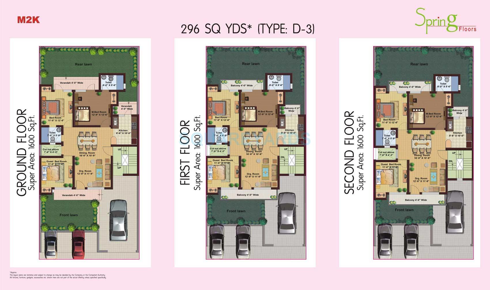 Floor plan of 3 BHK 1600 Sq. Ft. Ind Floor in M2K Spring Floors, Gurgaon