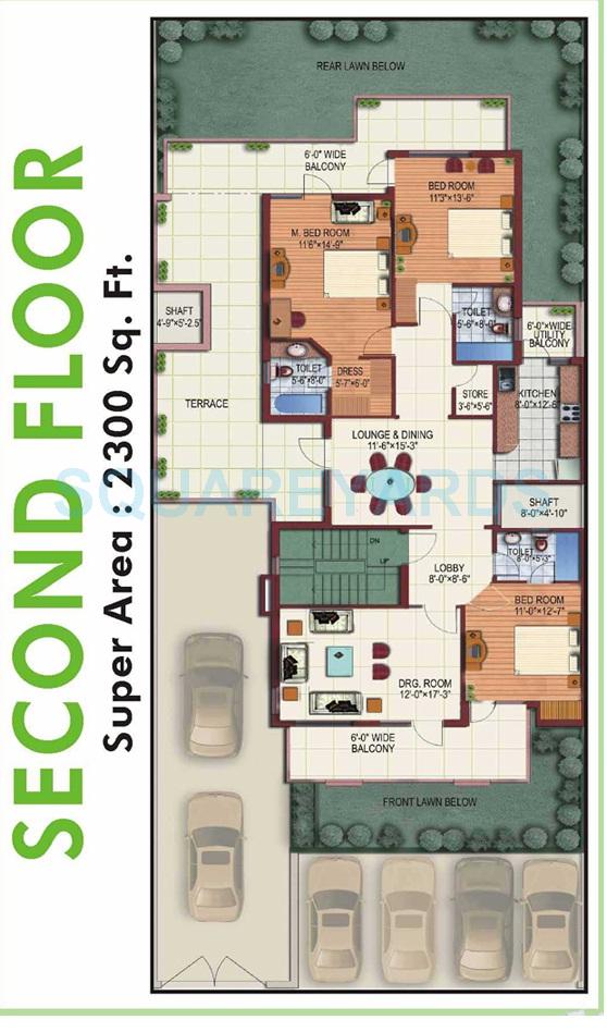 Floor plan of 3 BHK 2300 Sq. Ft. Ind Floor in M2K The White House, Gurgaon