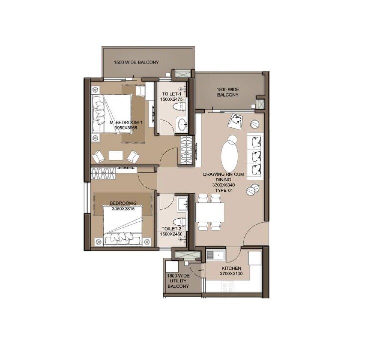 Floor plan of 2 BHK 1261 Sq. Ft. Apartment in M3M Heights, Gurgaon