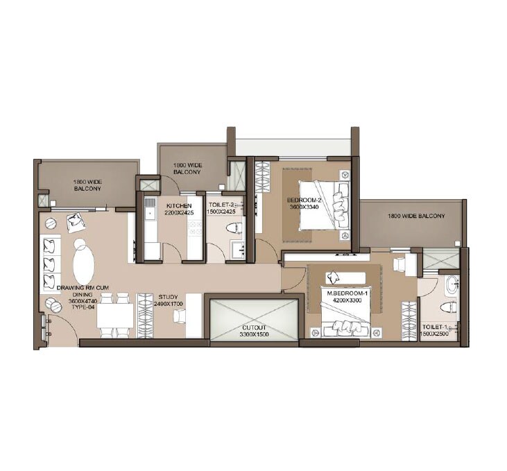 Floor plan of 2 BHK 1433 Sq. Ft. Apartment in M3M Heights, Gurgaon