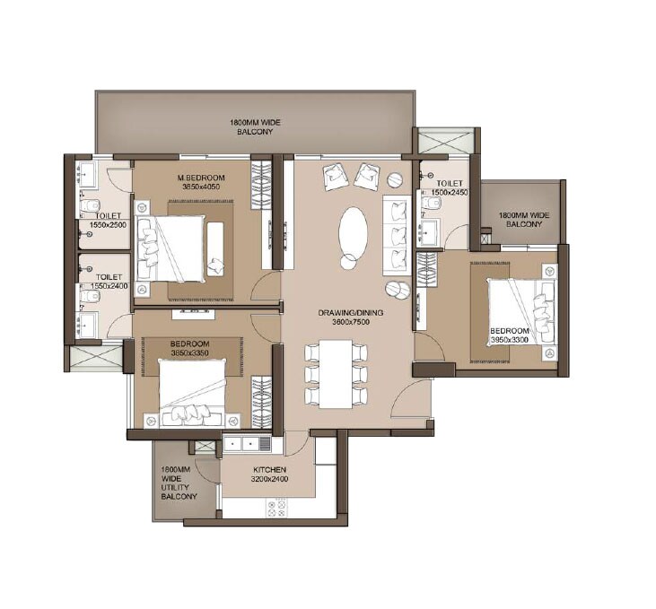 Floor plan of 3 BHK 1828 Sq. Ft. Apartment in M3M Heights, Gurgaon