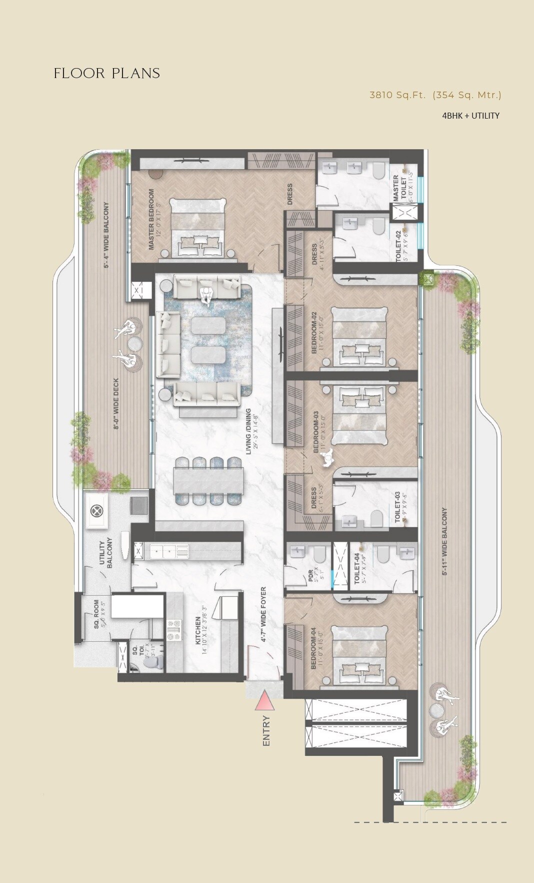 Floor plan of 4 BHK 3810 Sq. Ft. Apartment in M3M Elie Saab, Gurgaon